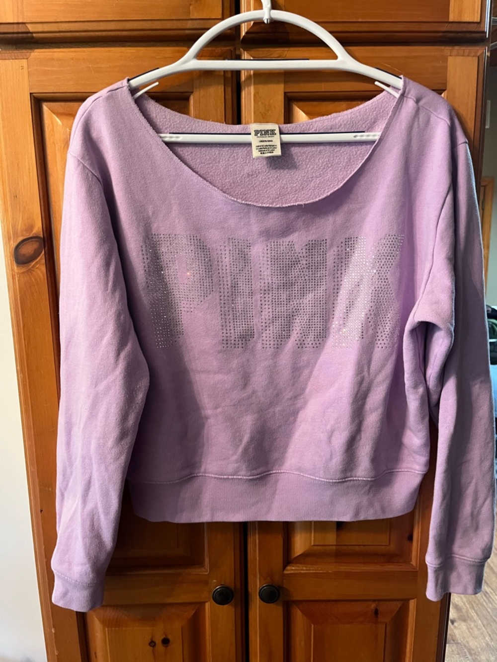 PINK Victoria's Secret Lavender Off-the-Shoulder Rhinestone Logo Sweatshirt